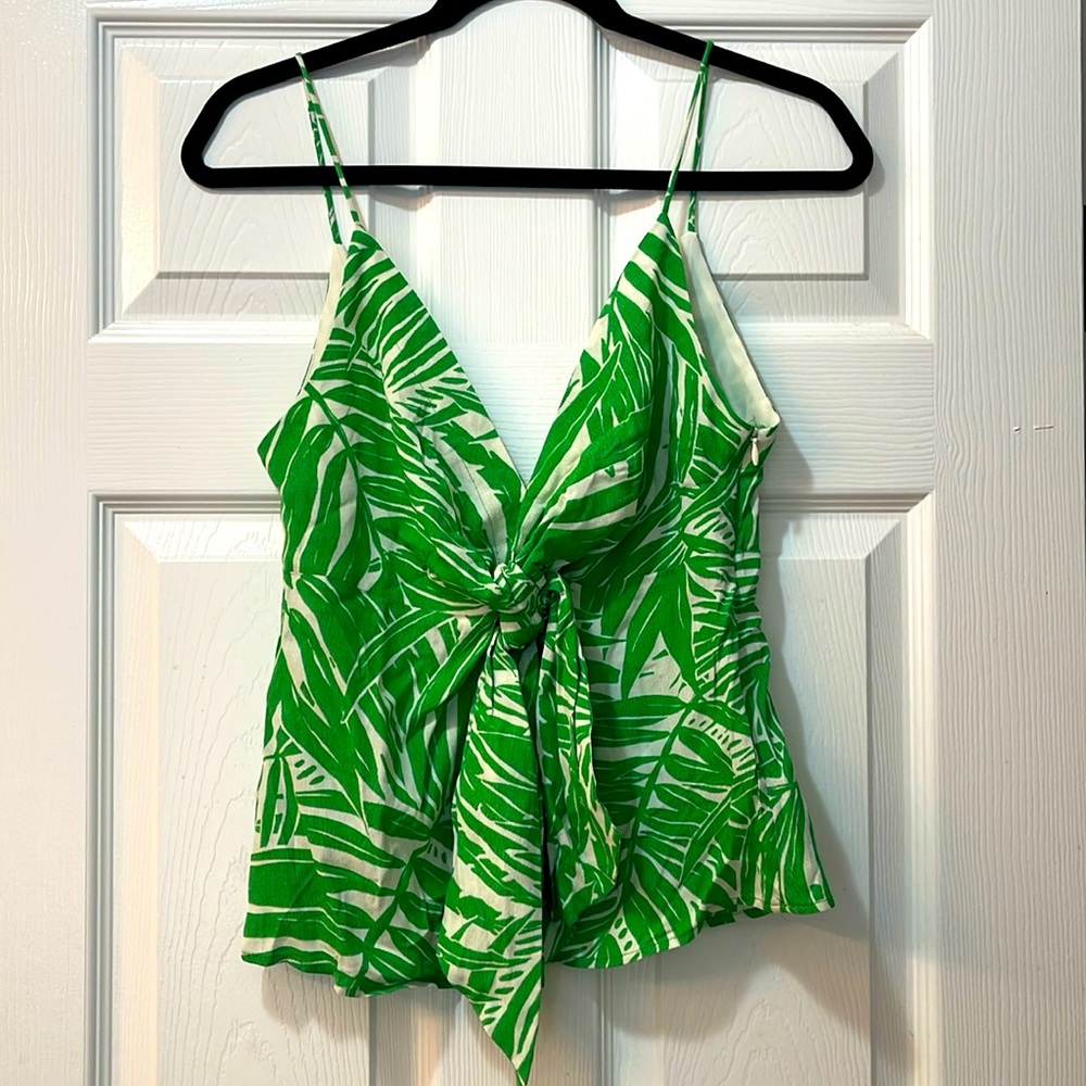 Mango Spaghetti Strap Knot Tropical Green Leaf Print V-Neck Tank Top Blouse